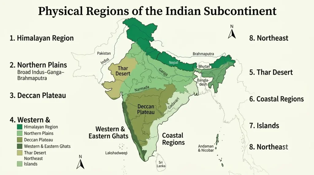 Map of the Indian subcontinent showing Himalayan region, Indus-Gangetic plains, Deccan plateau, Thar desert, and coastal regions