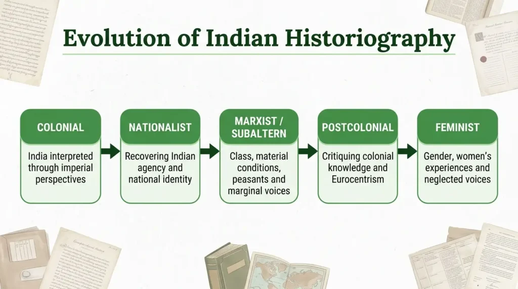 Flowchart showing the evolution of Indian historiography from colonial and nationalist to Marxist, subaltern, postcolonial and feminist approaches