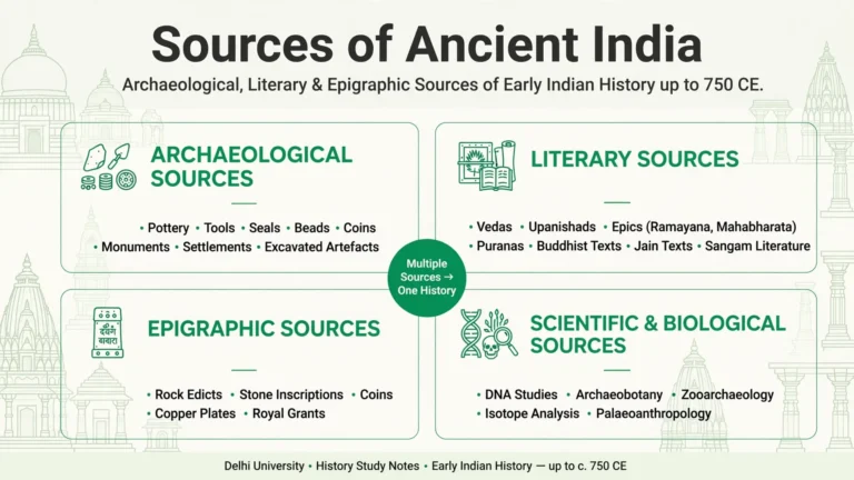 Infographic showing archaeological, literary, and epigraphic sources of early Indian history up to 750 CE