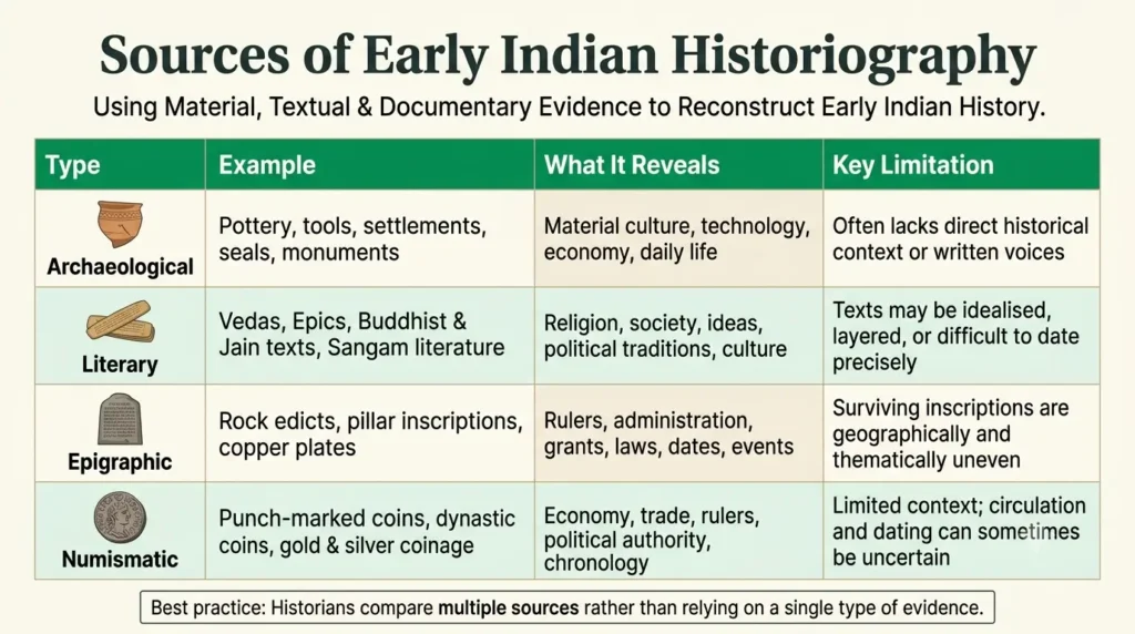 Comparison table of archaeological, literary, epigraphic, and numismatic sources used in early Indian historiography