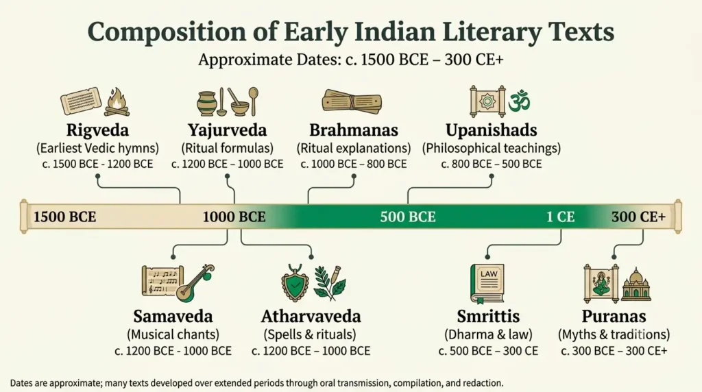 Timeline infographic showing composition dates of Rigveda, Samaveda, Yajurveda, Atharvaveda, Brahmanas, Upanishads, Smritis, and Puranas