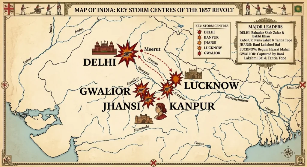 Storm Centres of the 1857 Revolt Map of India showing storm centres of 1857 Revolt: Delhi, Kanpur, Jhansi, Lucknow, Gwalior