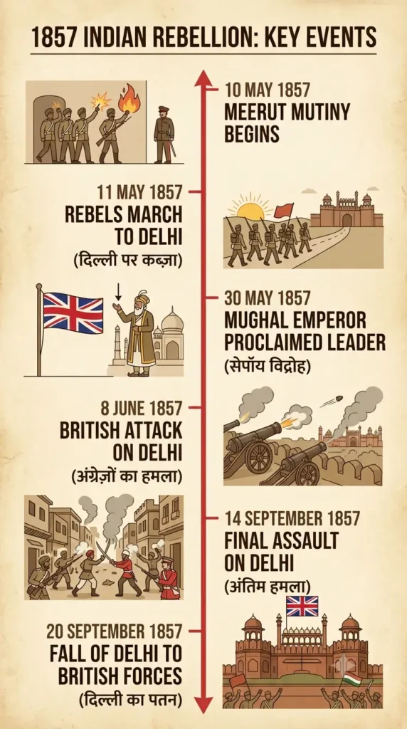 1857 Revolt Timeline – Key Events Timeline infographic of 1857 Revolt from Meerut mutiny to fall of Delhi