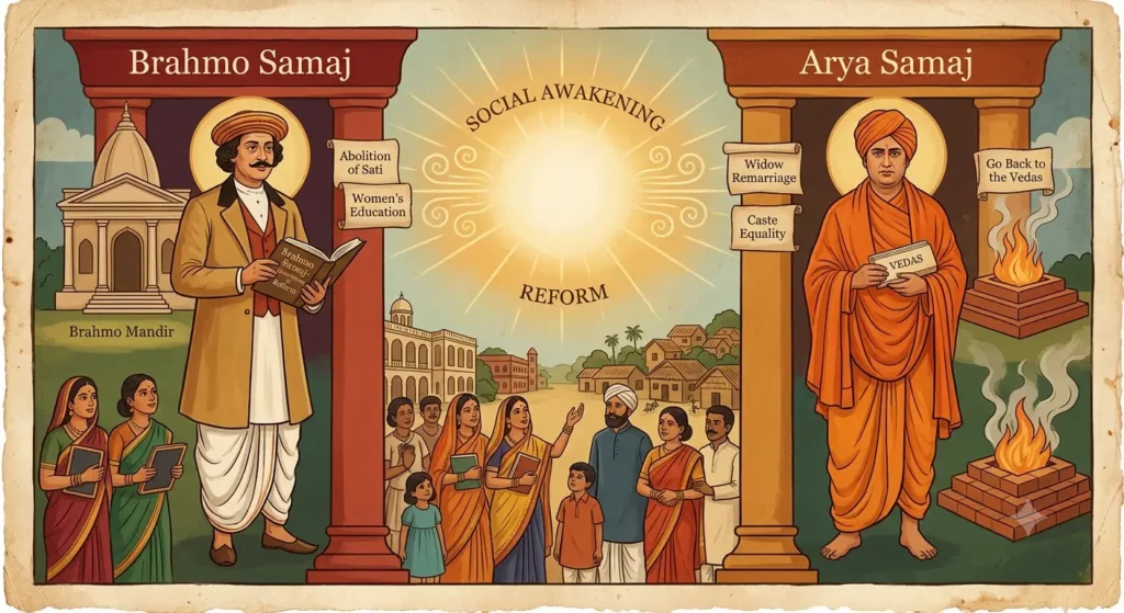 Social and Religious Reform Movements in India Illustration representing 19th century Indian social reform movements including Brahmo Samaj and Arya Samaj