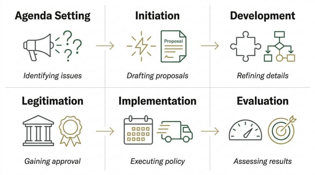 Stages of Policy Formulation Infographic Six stages of policy formulation — agenda setting, initiation, development, legitimation, implementation, evaluation