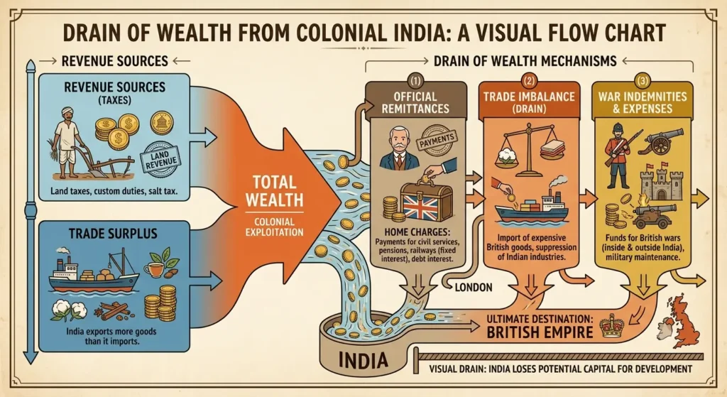Bar chart illustrating the drain of wealth from India to Britain during colonial rule based on Dadabhai Naoroji's theory