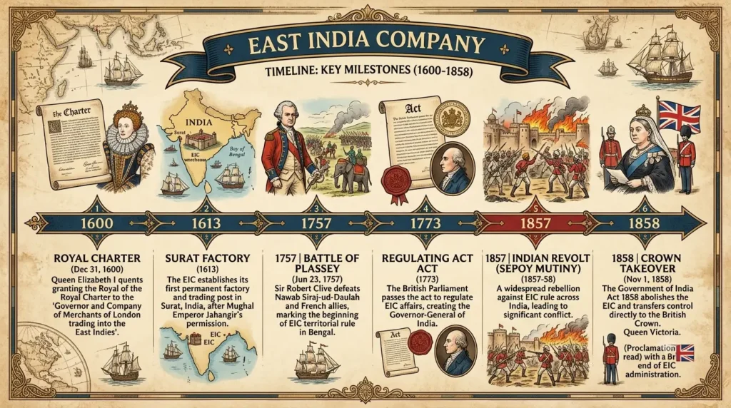 Timeline infographic showing East India Company's evolution from trading company in 1600 to Battle of Plassey 1757 and end of Company rule in 1858
