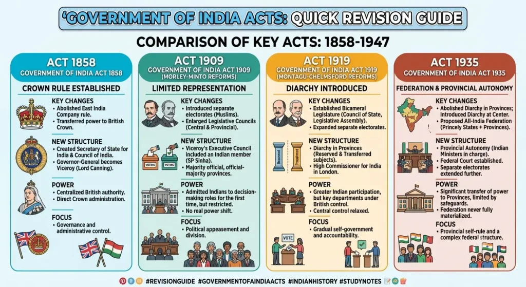 Comparison chart of Government of India Acts of 1858, 1909, 1919 and 1935 with key provisions