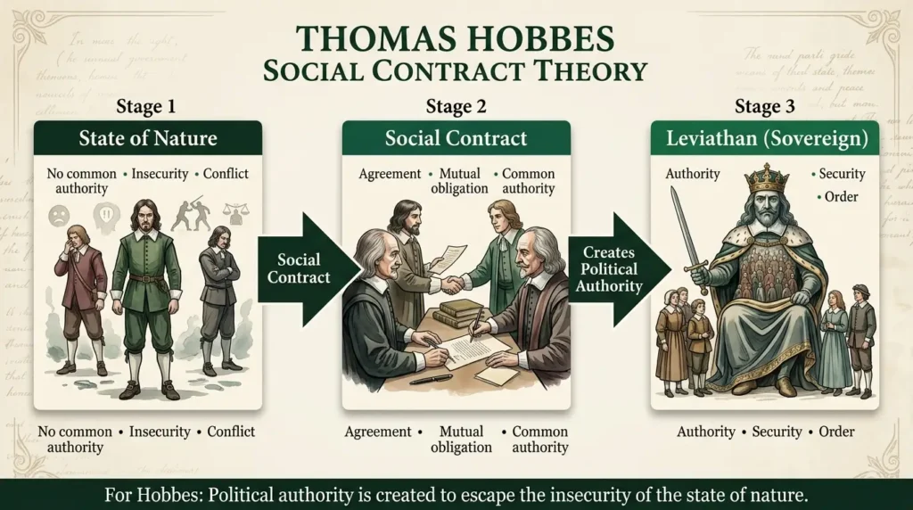Flowchart of Hobbes's state of nature leading to social contract and sovereign