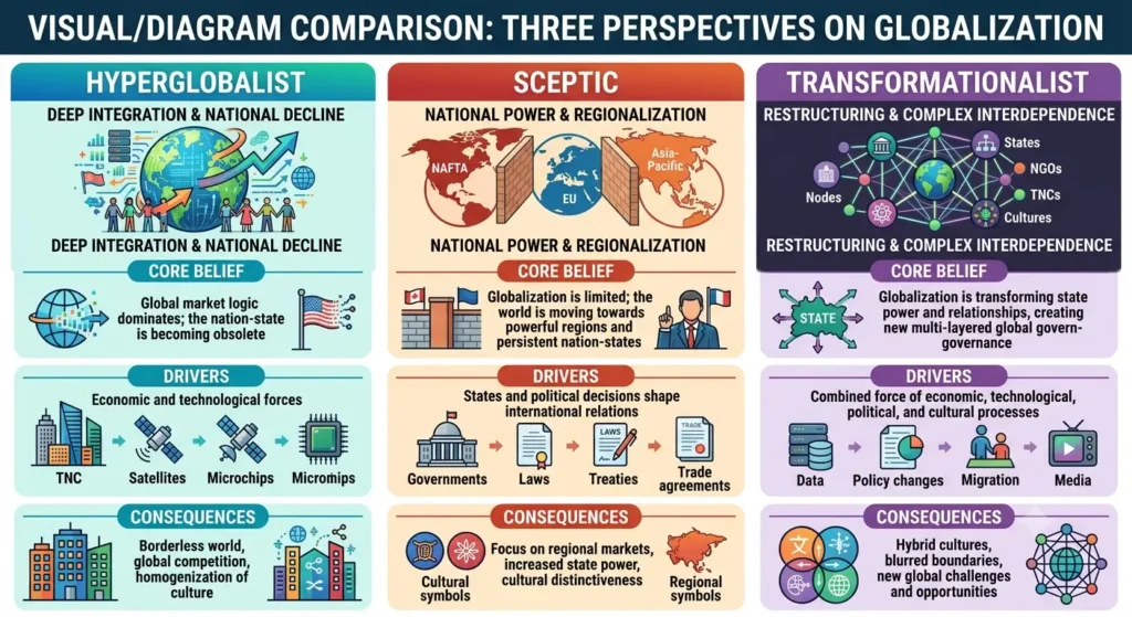 Three Perspectives on Globalisation Compared Comparison of hyperglobalist sceptic and transformationalist perspectives on globalisation