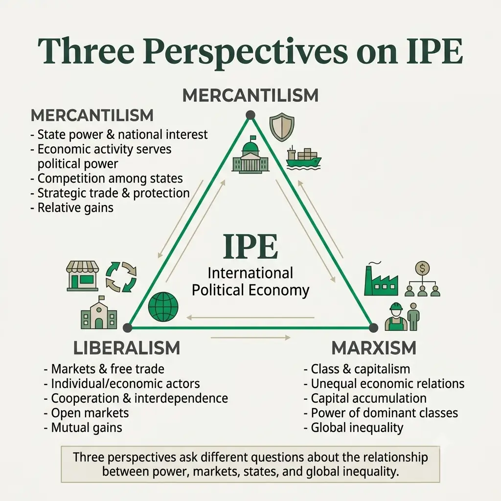 Diagram of mercantilism liberalism and Marxism in IPE
