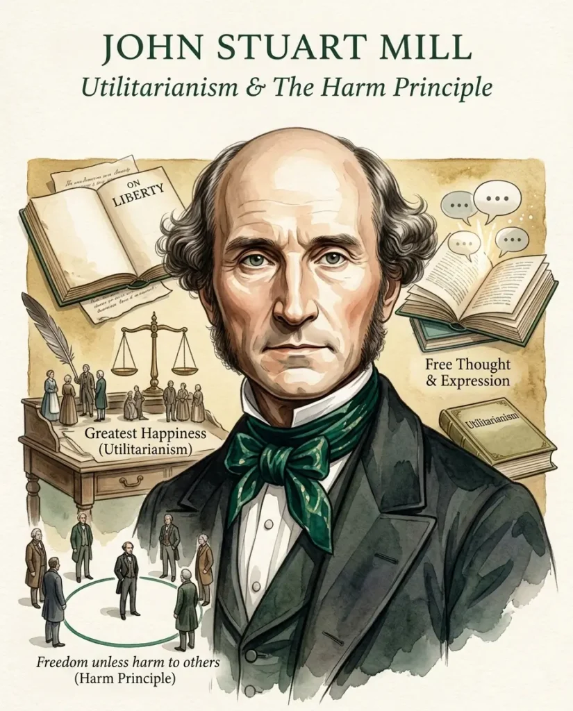 John Stuart Mill portrait representing utilitarianism and the harm principle