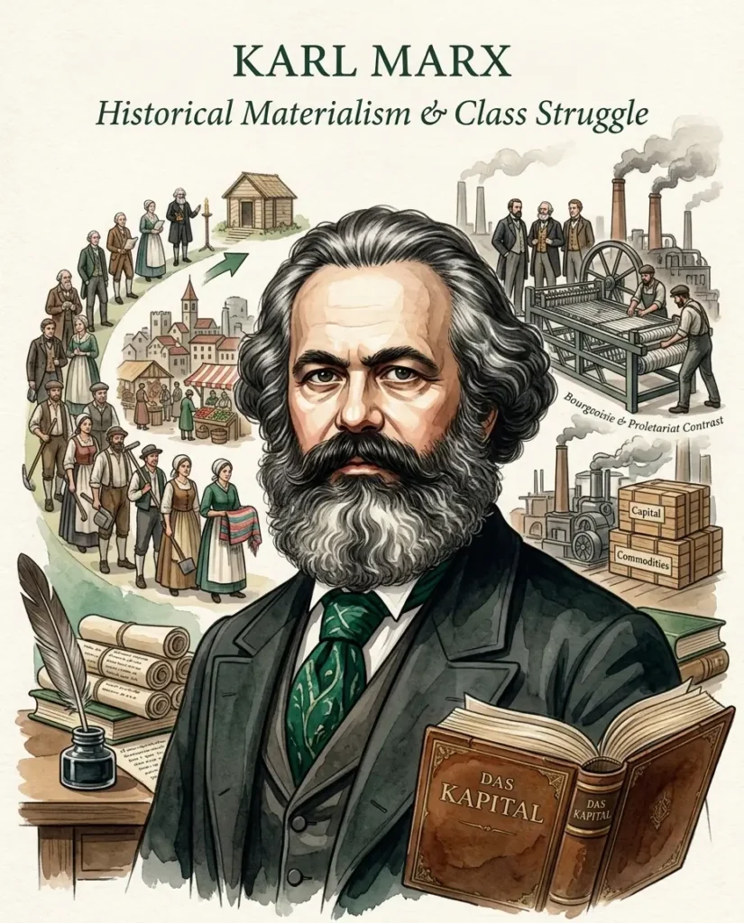Karl Marx portrait representing historical materialism and class struggle