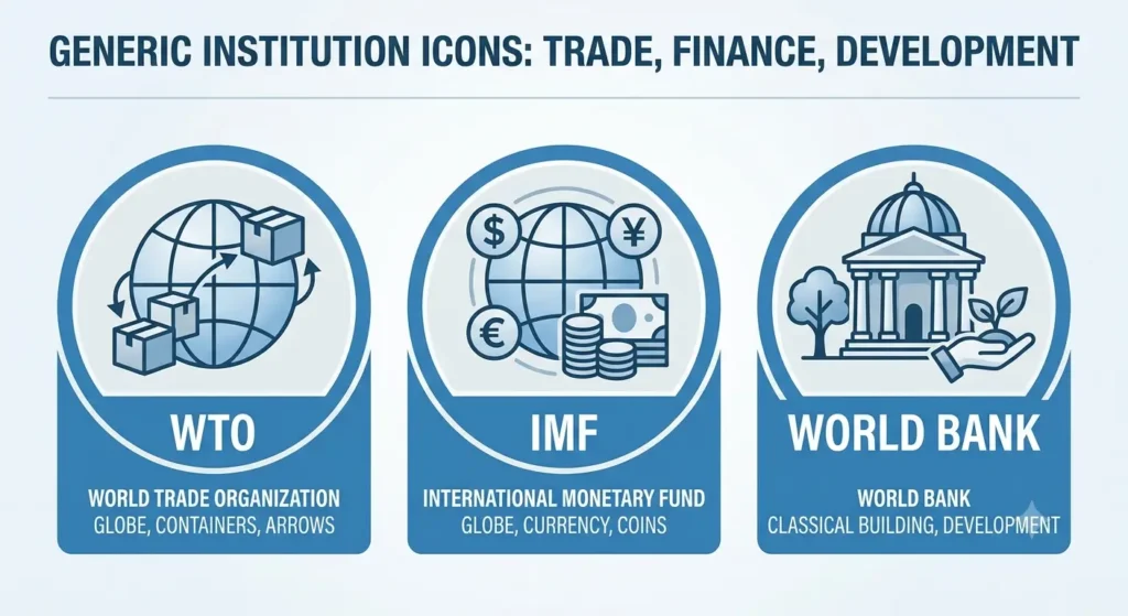 Key International Institutions in Globalisation Icons representing WTO IMF and World Bank key institutions in globalisation