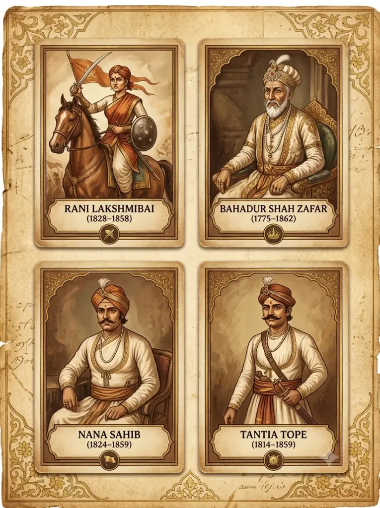Key Leaders of the 1857 Revolt Portrait card grid of Rani Lakshmibai, Bahadur Shah II, Nana Sahib and Tantia Tope