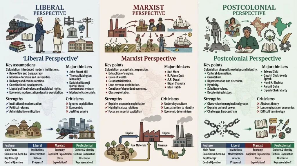 Liberalism vs Marxism vs Postcolonialism on Colonialism Three-column infographic comparing liberal, Marxist and postcolonial perspectives on colonialism in India