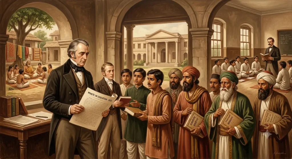 Macaulay’s Minute and English Education in India Illustration depicting introduction of English education in India under Macaulay's Minute 1835