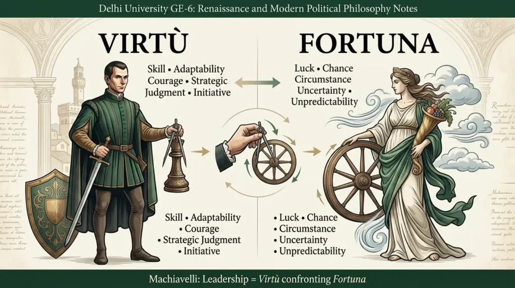 Diagram showing Machiavelli's concept of virtù and fortuna in leadership