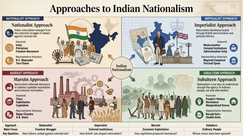 Four Approaches to the Study of Nationalism in India 2x2 grid infographic comparing Nationalist, Imperialist, Marxist and Subaltern approaches to Indian nationalism