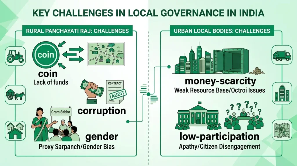 Key challenges in rural Panchayati Raj and urban local bodies in India