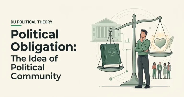 Illustration of a citizen weighing a law book against a scale of conscience, representing political obligation in DU Political Theory