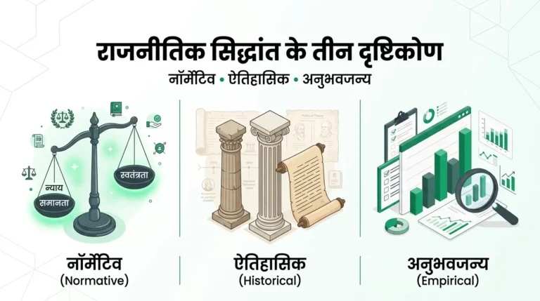 राजनीतिक सिद्धांत के तीन दृष्टिकोण दिखाता आरेख — नॉर्मेटिव, ऐतिहासिक और अनुभवजन्य