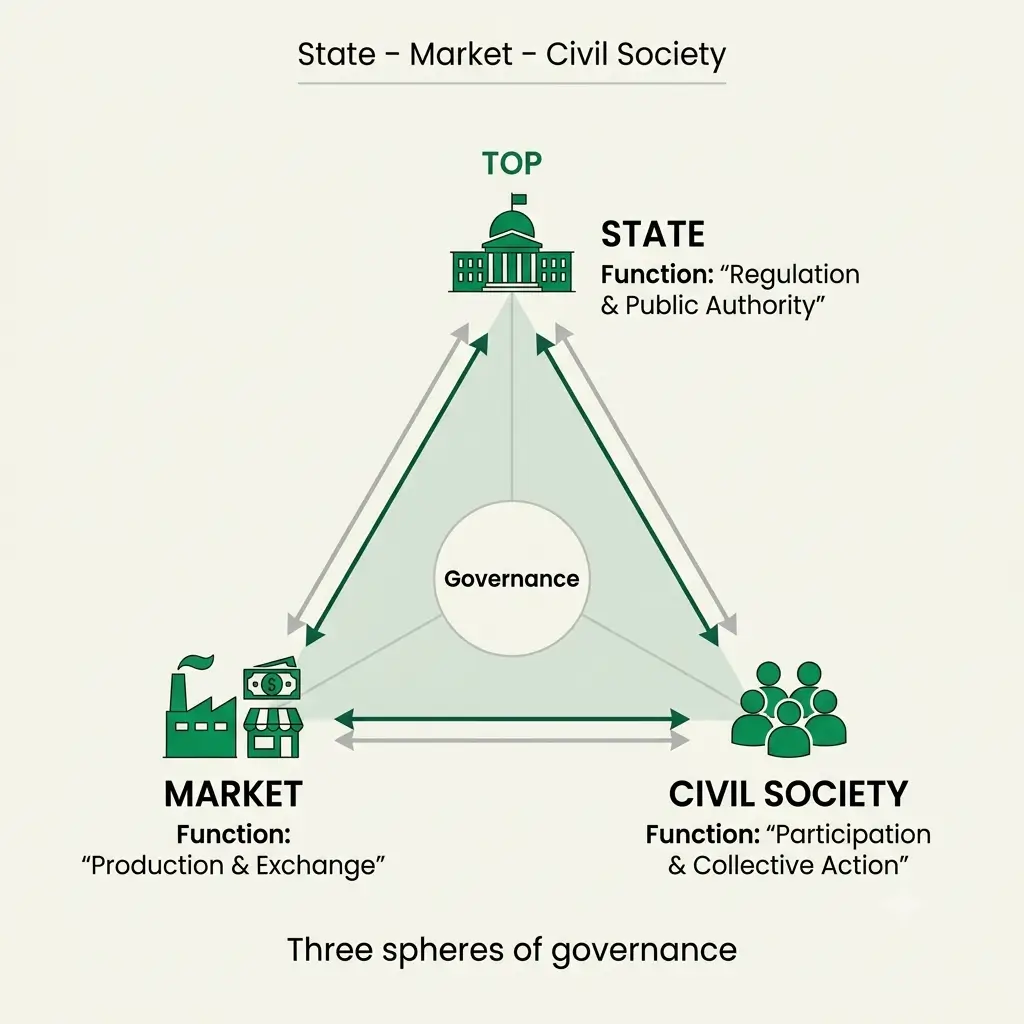 Triangle diagram labelling state, market and civil society with one function at each corner