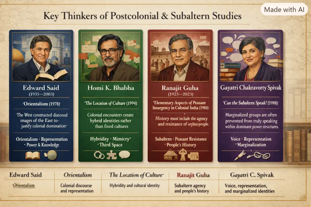 Key Thinkers: Postcolonial and Subaltern Studies Card graphic featuring Edward Said, Homi Bhabha, Ranajit Guha and Gayatri Spivak with their key contributions