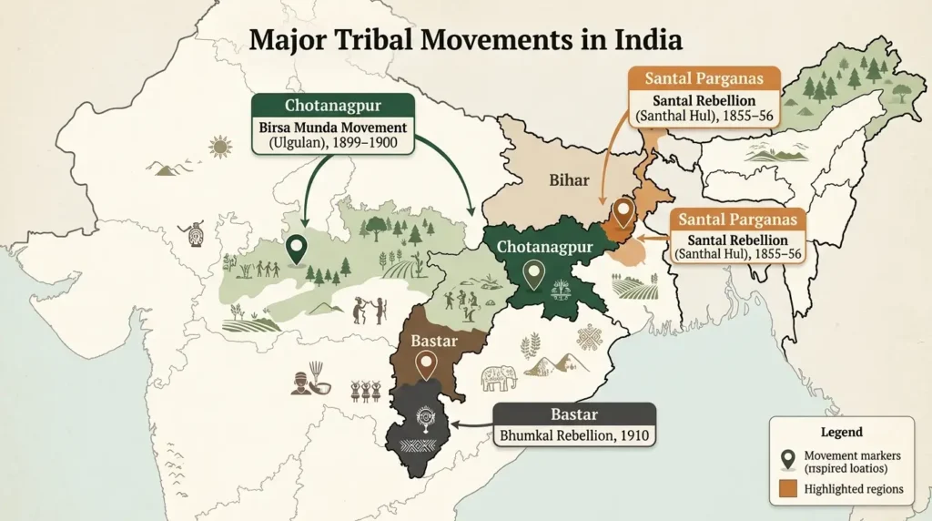 Tribal Social Movements Map — DU Notes Map of major tribal movements in India — Birsa Munda, Santal Rebellion, Bhumkal Rebellion