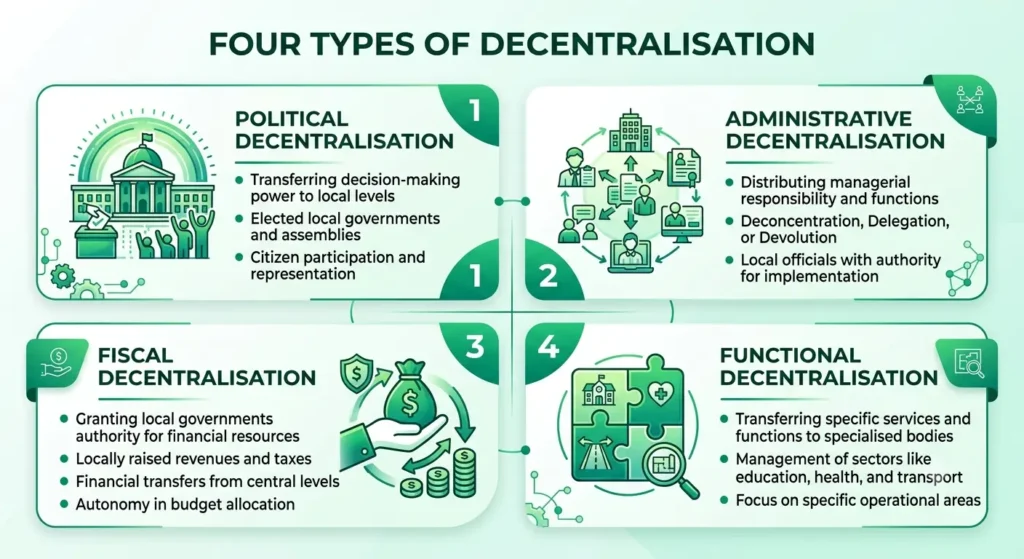 Four types of decentralisation: political, administrative, fiscal, functional