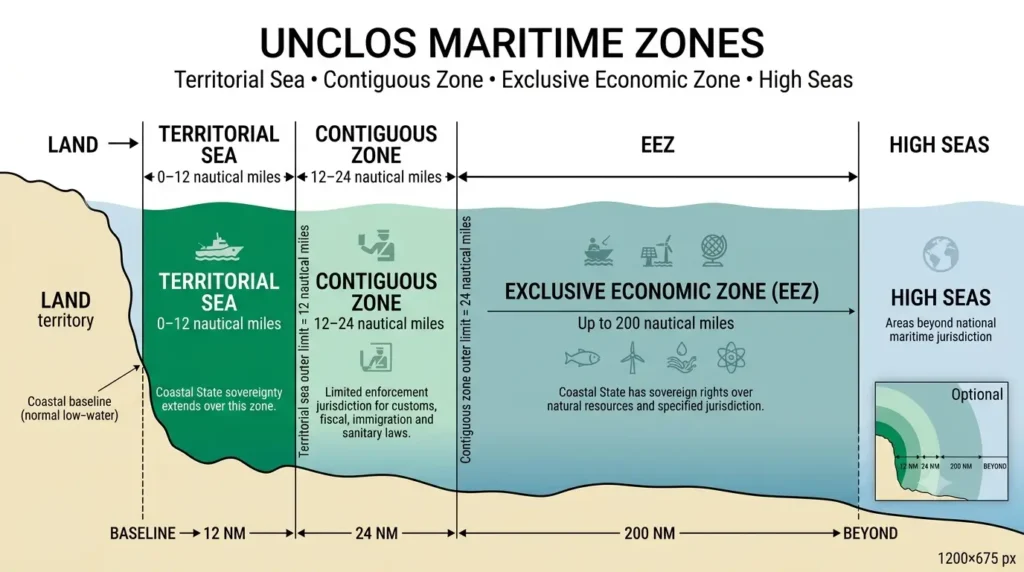 UNCLOS maritime zones Diagram of the territorial sea, contiguous zone, exclusive economic zone and high seas