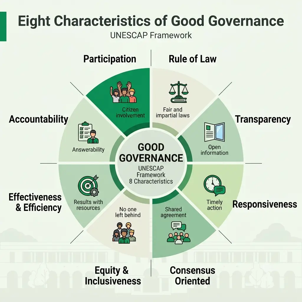 Wheel diagram listing the eight UNESCAP characteristics of good governance