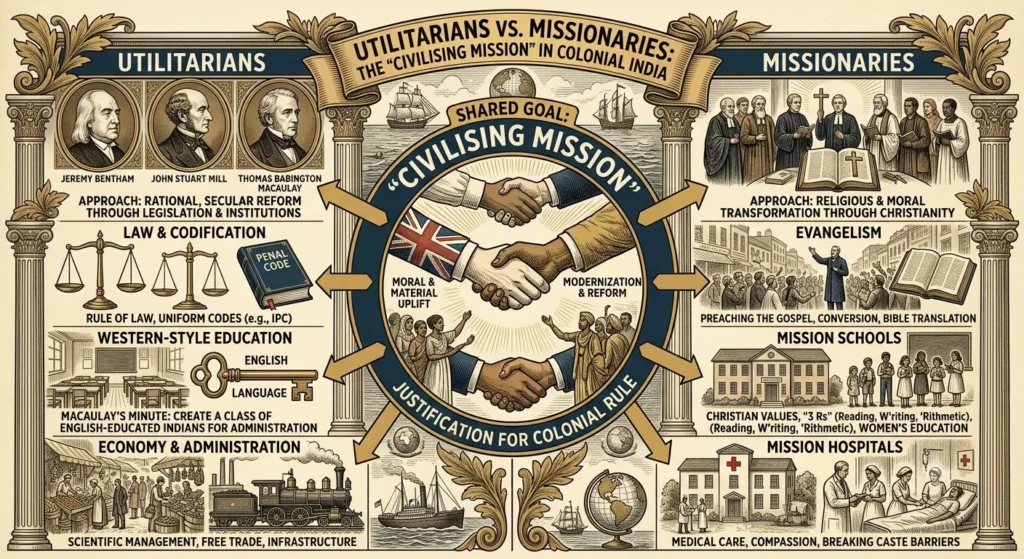 Side-by-side diagram comparing Utilitarian and Missionary approaches to the civilizing mission in colonial India