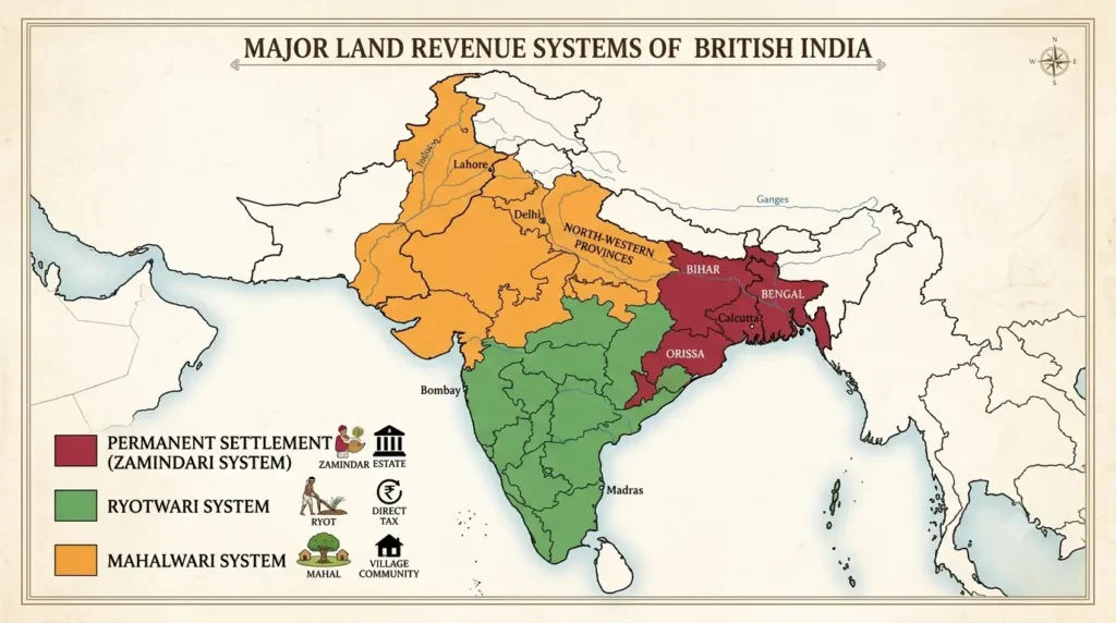 Map of India showing regions under Zamindari, Ryotwari, and Mahalwari revenue systems during colonial rule