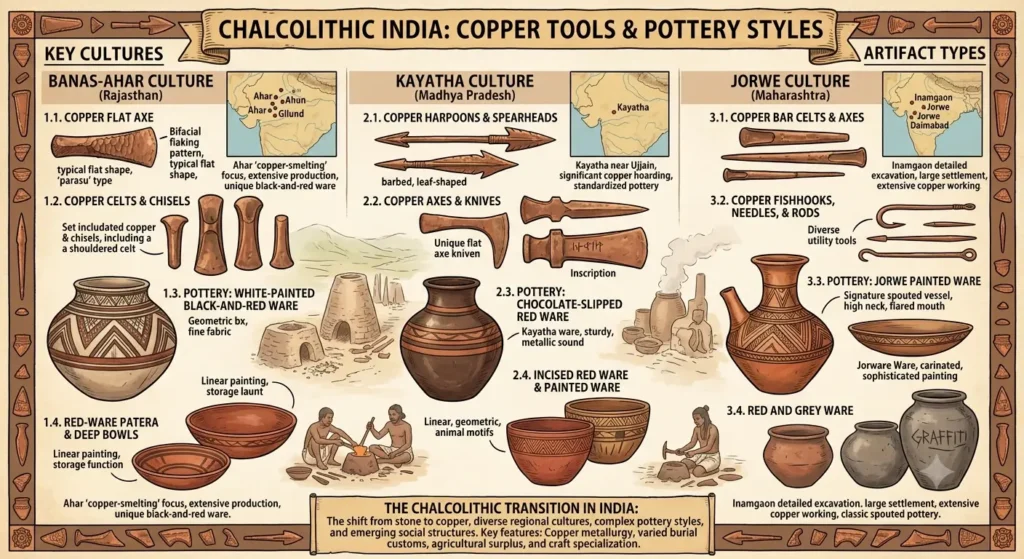 Copper tools and pottery styles from Chalcolithic cultures of India