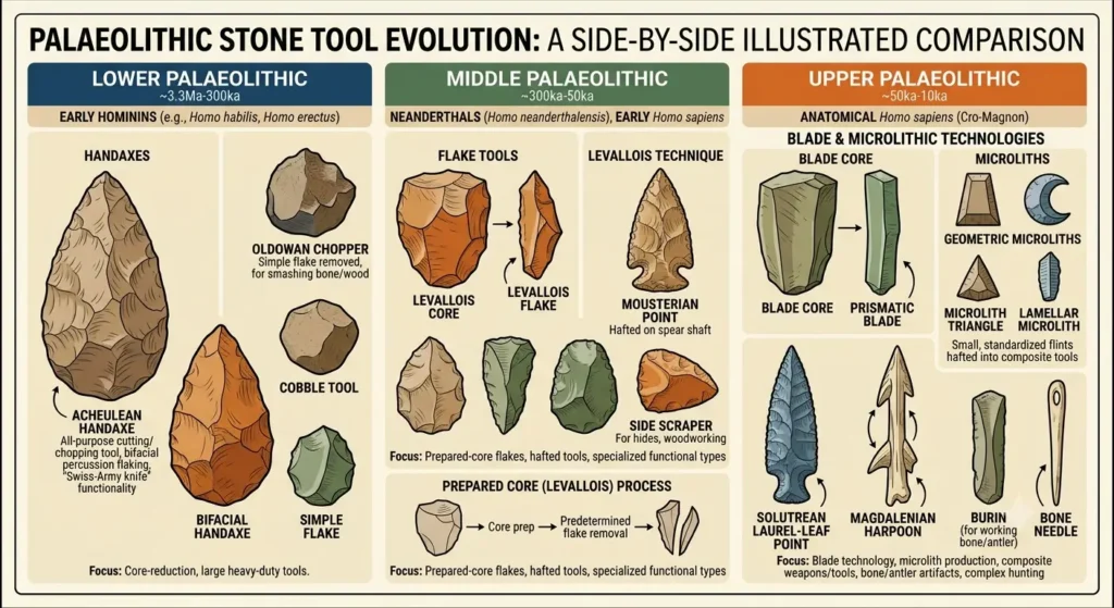 Comparison of Lower, Middle and Upper Paleolithic stone tools including handaxes and microliths