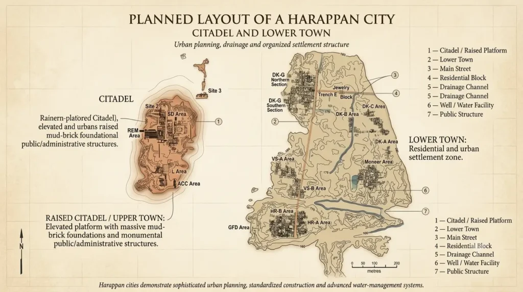 दुर्ग (Citadel) और निचला शहर (Lower Town) का नियोजित ढांचा