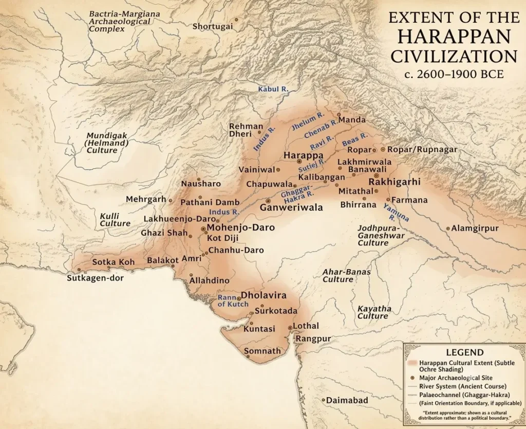 हड़प्पा सभ्यता का विस्तार क्षेत्र मानचित्र (Bricks Beads and Bones)