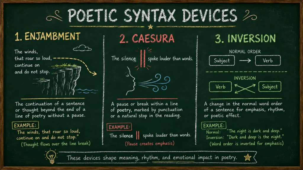 Infographic showing poetic syntax devices such as enjambment, caesura, and inversion with definitions