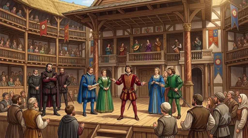 Elizabethan platform stage with actor grouping and colour use