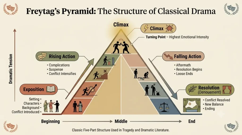 Freytag's pyramid diagram showing exposition rising action climax falling action resolution