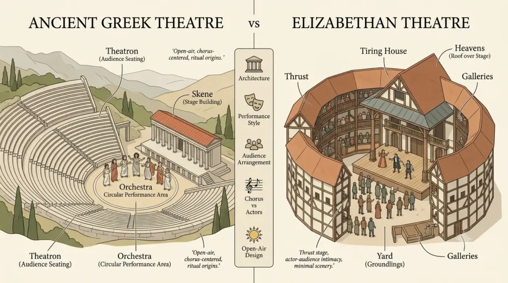 Diagram comparing Greek and Elizabethan stage layout