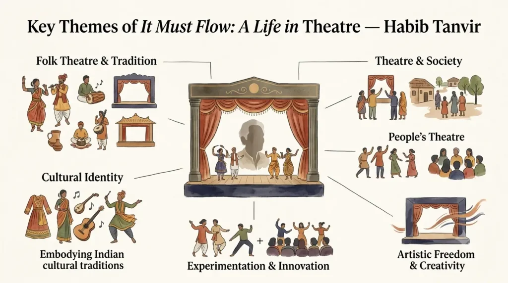 Key themes of It Must Flow A Life in Theatre by Habib Tanvir