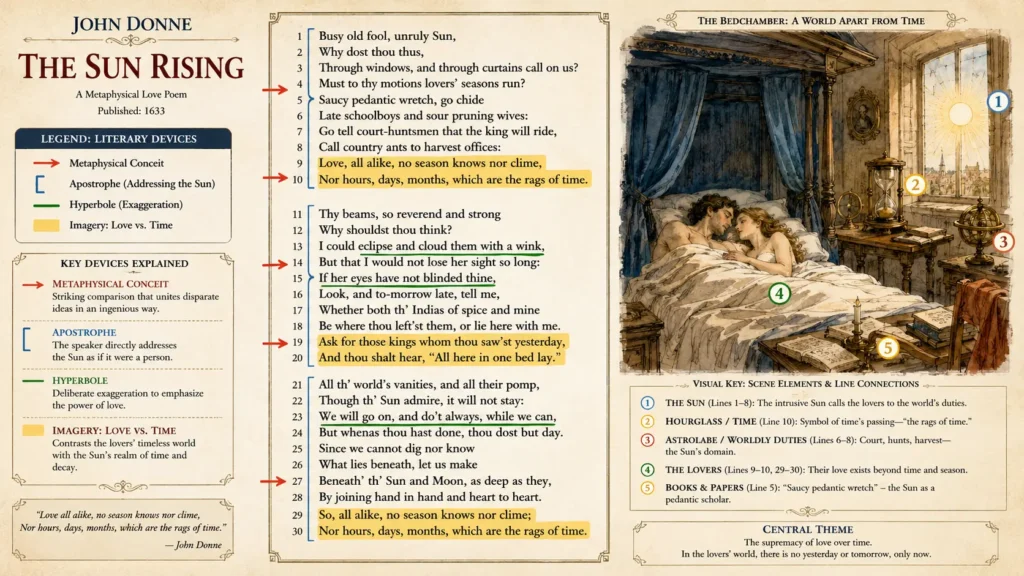 Full text illustration of The Sun Rising poem by John Donne 