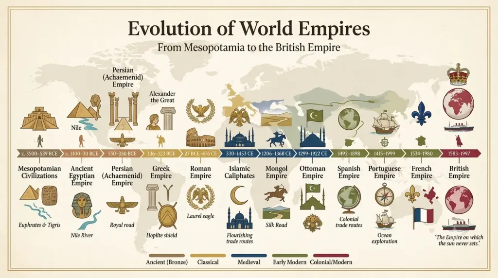 Timeline of ancient, medieval, and modern empires from Mesopotamia to the British Empire