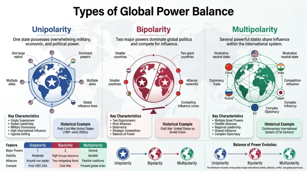Diagram of bipolarity, multipolarity, and unipolarity in global power balance