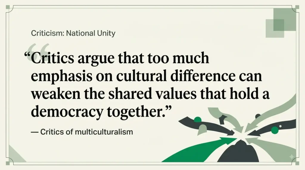 Key Argument – Critics of Multiculturalism Quote card summarising a core criticism of multiculturalism regarding national unity