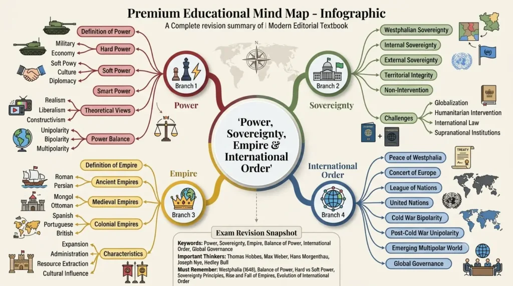 Mind map summarising power, sovereignty, empire, and international order for quick revision