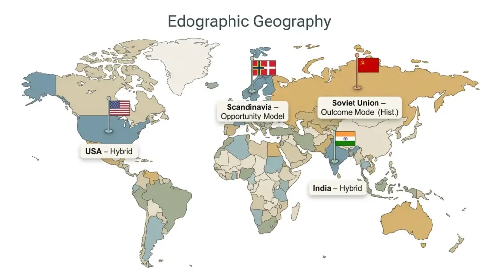 Equality of Opportunity and Outcome – Real World Case Studies World map highlighting Scandinavia Soviet Union India and USA equality case studies