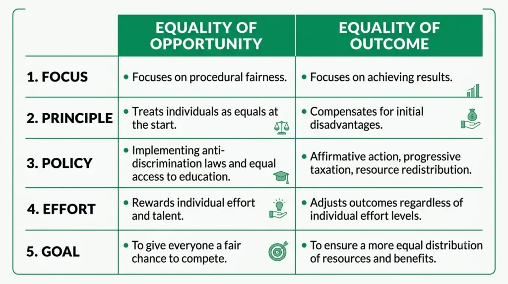Equality of Opportunity vs Equality of Outcome – Key Differences Comparison table infographic showing equality of opportunity vs equality of outcome differences